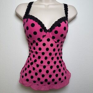 Nature Intimates  Women Babydoll Cami Top Pink Black Polka Dot Mesh Corset Lace